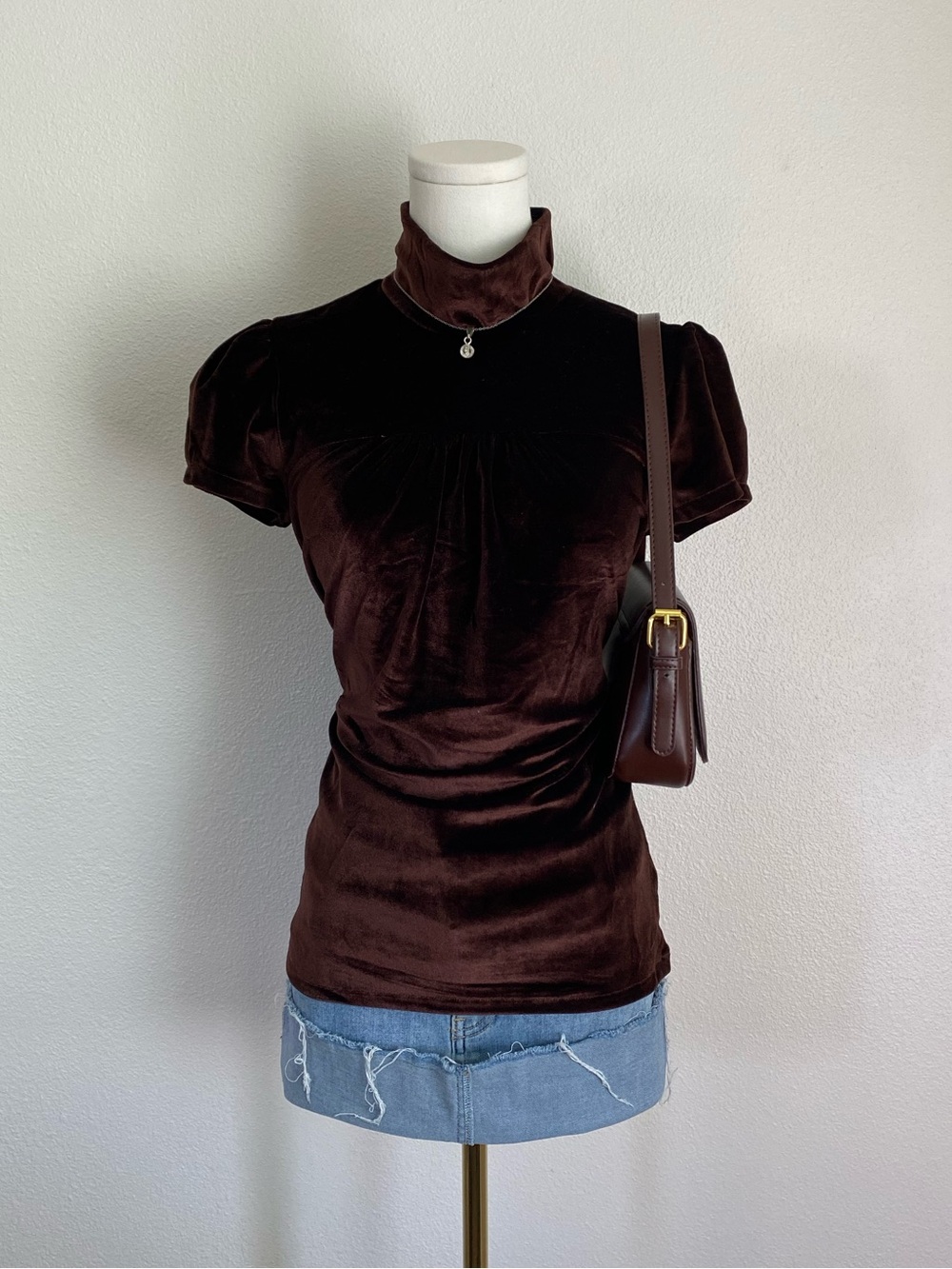 Y2K Sweet Pea Brown Pleated Mock Neck Top Size Small Whimsigoth